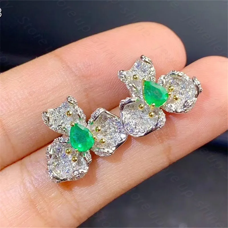 New natural emerald earrings 925 silver two-color electroplating process women's earrings fresh and lovely design style best gif