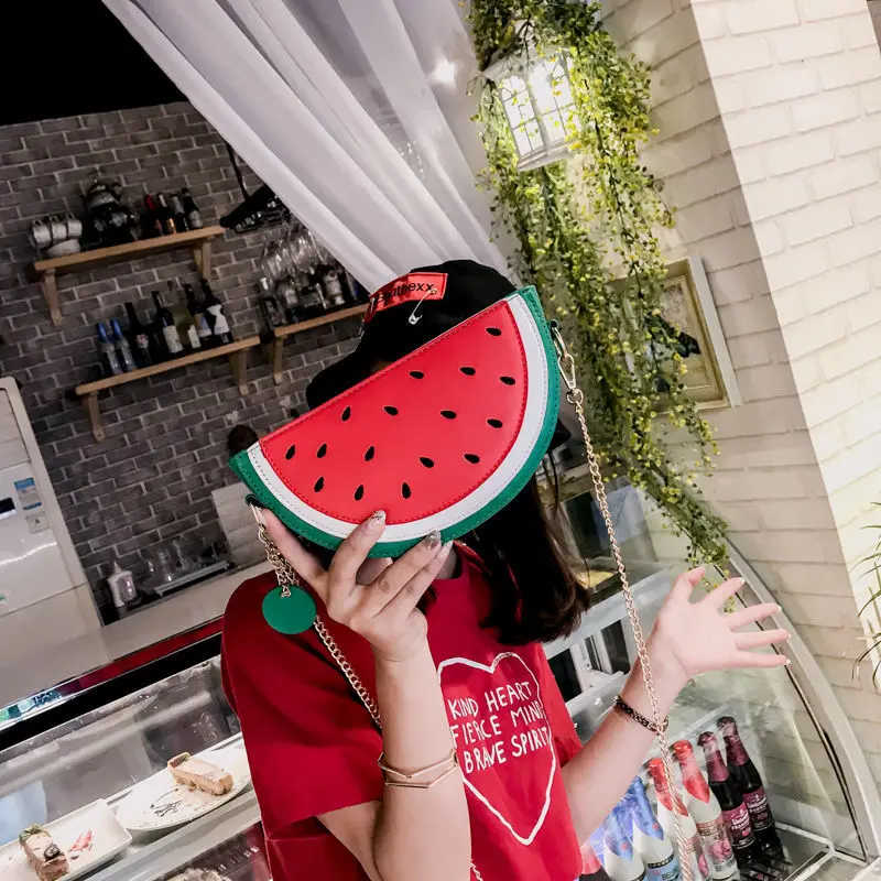 

Summer New Female Bag PU Leather Women Bag Cute Fruit Packet Chain Shoulder Messenger Bag Orange Watermelon Strawberry Bag Gift