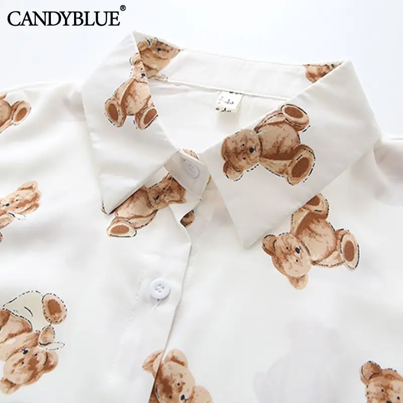 Camisa estampada do urso dos desenhos animados feminino, camisa de chiffon casual estampada leve e fina, novo design de moda, primavera e verão, 2022