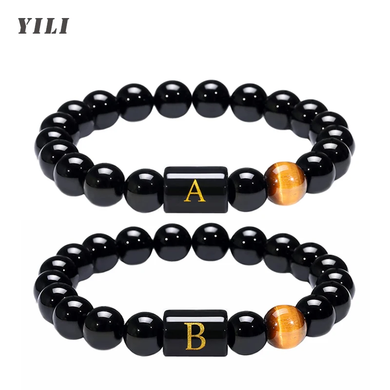 26 Letter Men Bracelets 10mm Natural Black Onyx Tiger Eye Stone Beads Bracelet Initial Beaded Bracelet Fashion Jewelry