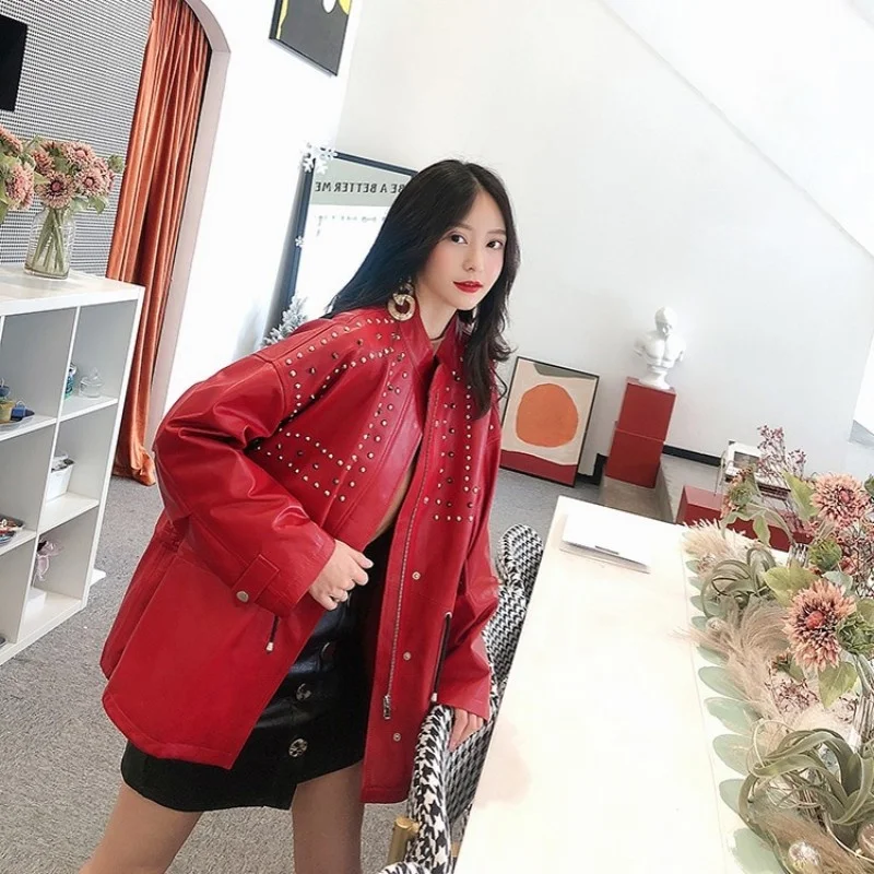 Women Fashion Loose Fit Sheepskin Rivets Studded Jacket Red Punk Long Windbreaker Coat Ladies Oversized Genuine Leather Jacket