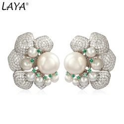 LAYA 925 Sterling Silver Fashion Personality Design High Quality Zircon Green Nano Natural Pearl Earrings For Women Fine Jewelry