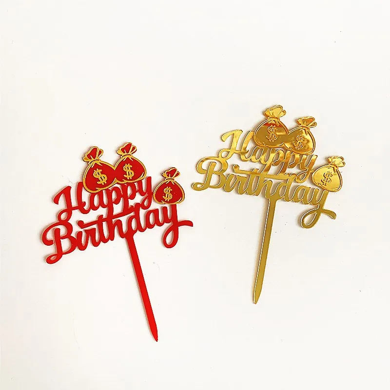 Acrylic Happy Birthday Cake Topper Novelty Money Bag Rich Wishes Cake Topper For Business Men Birthday Party Cake Decorations