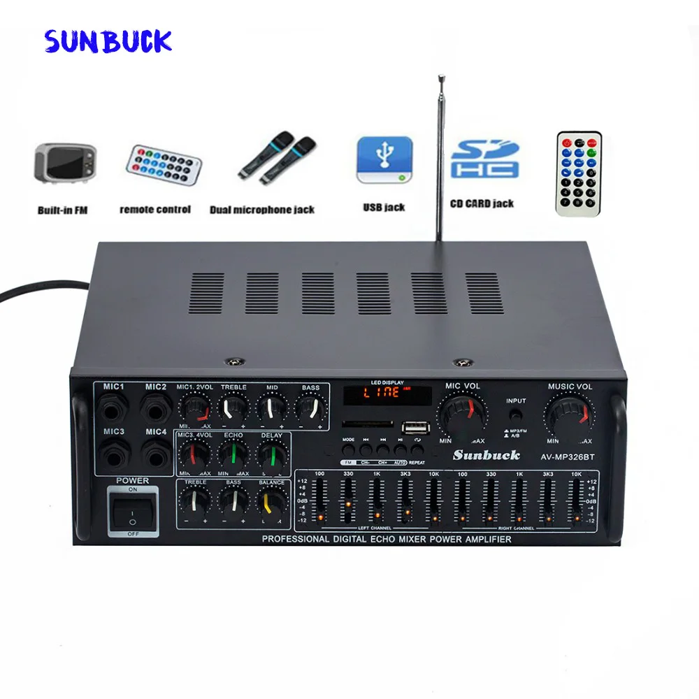 Sunbuck karaoke Sound amplifier 2.1 Channel 200W*2 High Power FM USB MP3 10 Segment Audio equalizer Car Bluetooth amplifier 