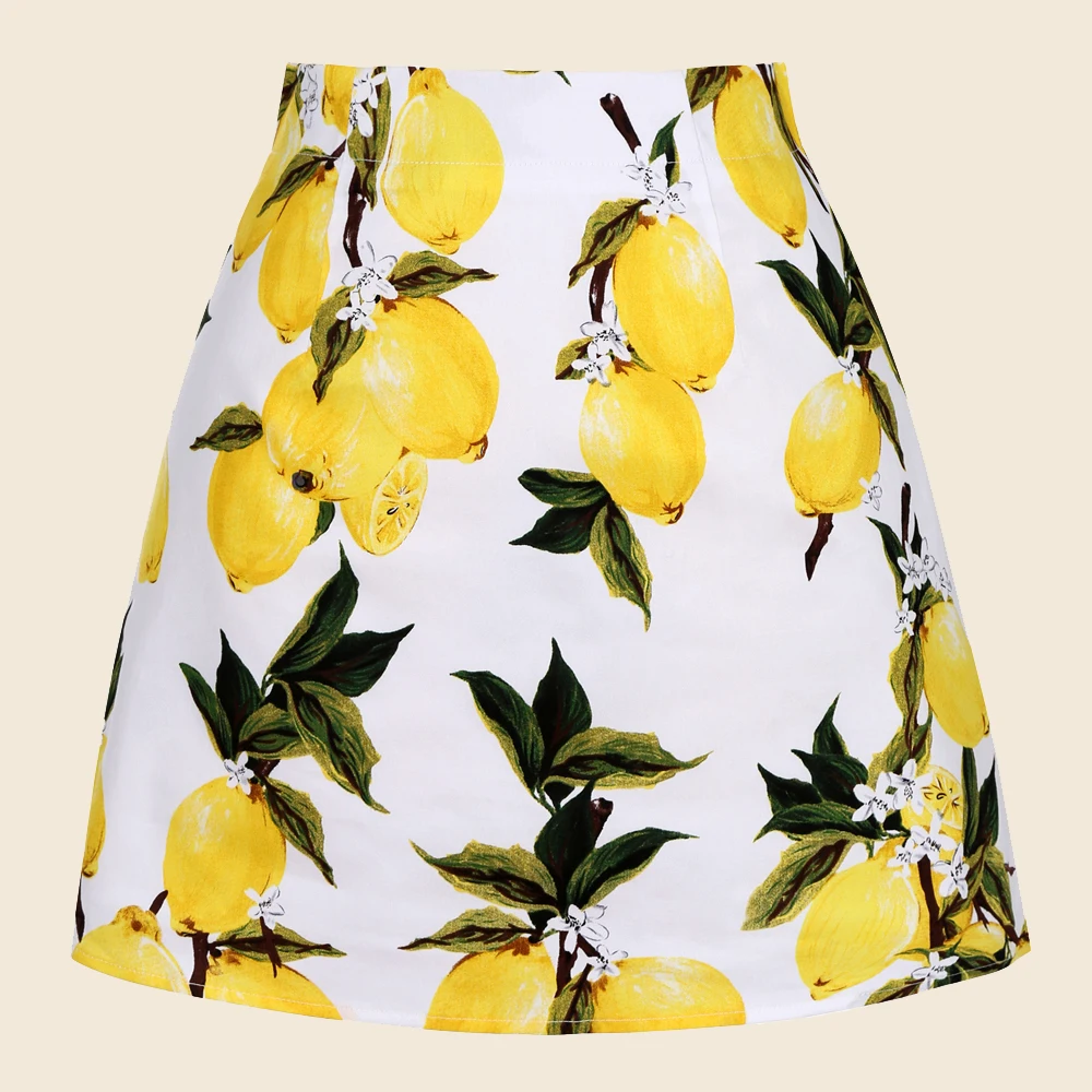 

SISHION White Lemon Printed Cotton Retro Skirt SS0008 High Waist jupe femme Mini Summer Beach Skirts