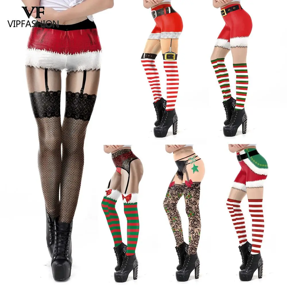 VIP FASHION Christmas Legging for Woman 3D Digital Print Sexy Tights Seam Mid-Waist Workout Pants Xmas Party Cosplay Trousers