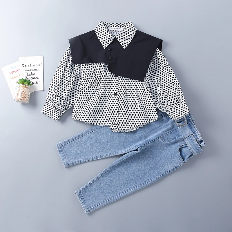 

3-10 Years High Quality 100%Cotton Spring Girl Clothing Set 2022 New Black Blue Dot Kid Children Clothes Blouses+ Jean