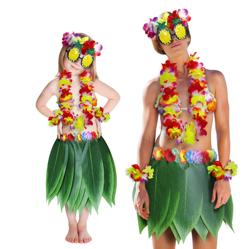 Kid Adult hawajskie sztuczne tropikalne liście spódnica w kwiaty Hula Boho spódnice do tańca Party hawaje spódnica z trawy Beach Holiday Costume