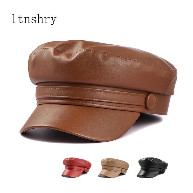 2021 Spring Autumn leather Military Cap hat Army beret Femme hat Women Black berets caps for women sombrero mujer flat Hats