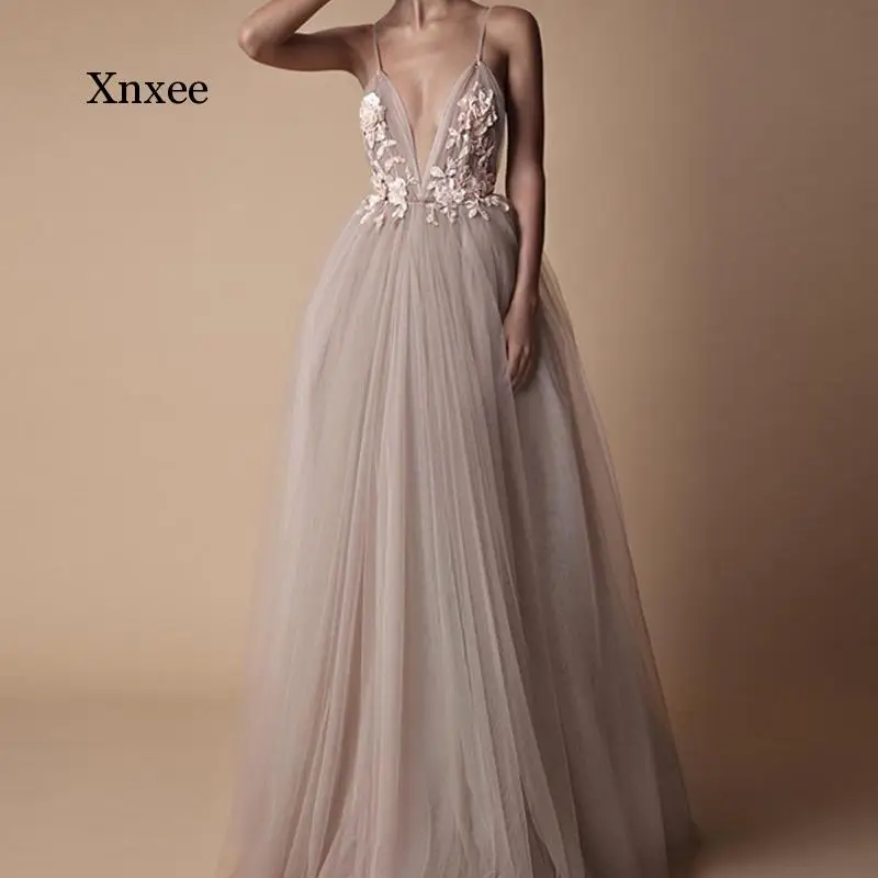 2021 Spaghetti Straps Dress 3D Flower Lace Sexy Boho Beach Wedding Robe Tulle A Line Backless Bridal Gowns Long Formal Dresses