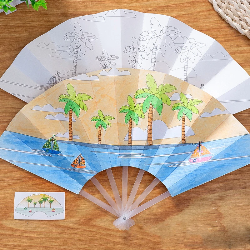 21cm Summer Blank paper fan DIY Painting Toys For Children Cartoon Animal Color Graffiti Origami Fan Art Craft Drawing Toy