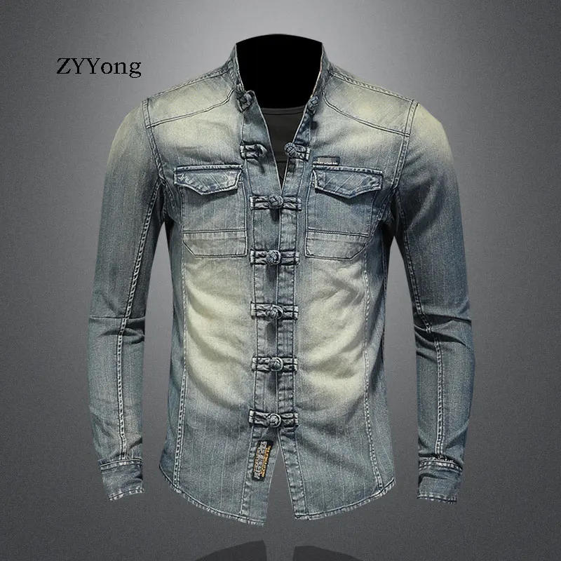 Fashion Long Sleeve Stand Collar Men\'s Denim Shirt Slim Soft Comfortable Motorcycle Style Streetwear Leisure Blue Thin Coat