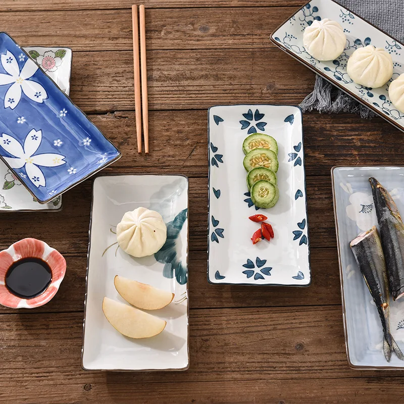 9.7 Inch Japanese Sushi Plate Ceramic Dinner Serving Plate Flower Fruit Dessert Tray Rectangle Dinner Dishes Microwave Safe
