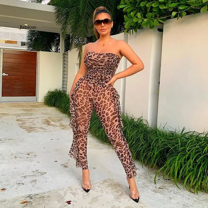 

Women Leopard Ruffles Side Ruched Jumpsuit Strapless Mesh See Though One Piece Overall Bodycon Romper Outfit Playsuit