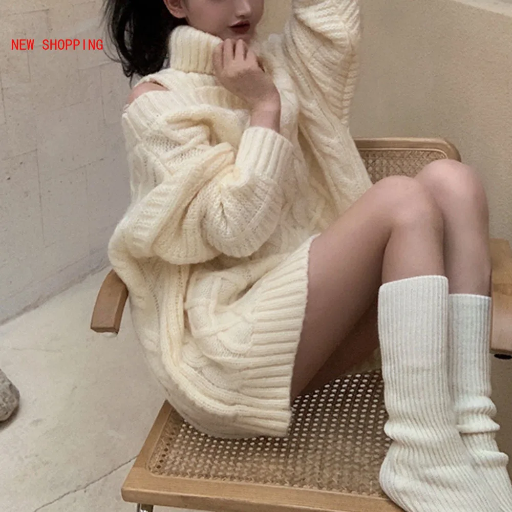 Sexy Sweater Dress Women 2023 Korean Turtleneck Sweater Hollow Irregular Loose Fashion Autumn Winter Long Sleeve Pullover Beige