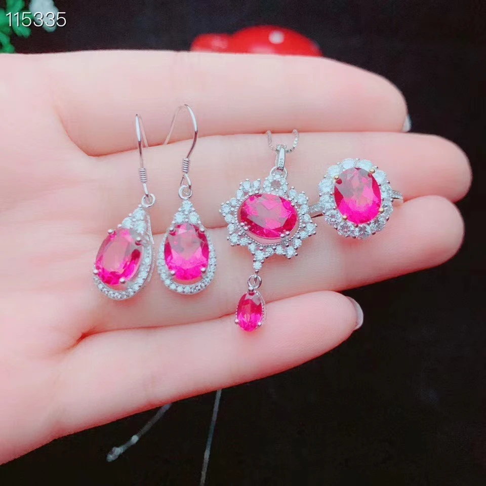 

KJJEAXCMY fine jewelry natural pink topaz 925 sterling silver luxury girl pendant necklace earrings ring set support test
