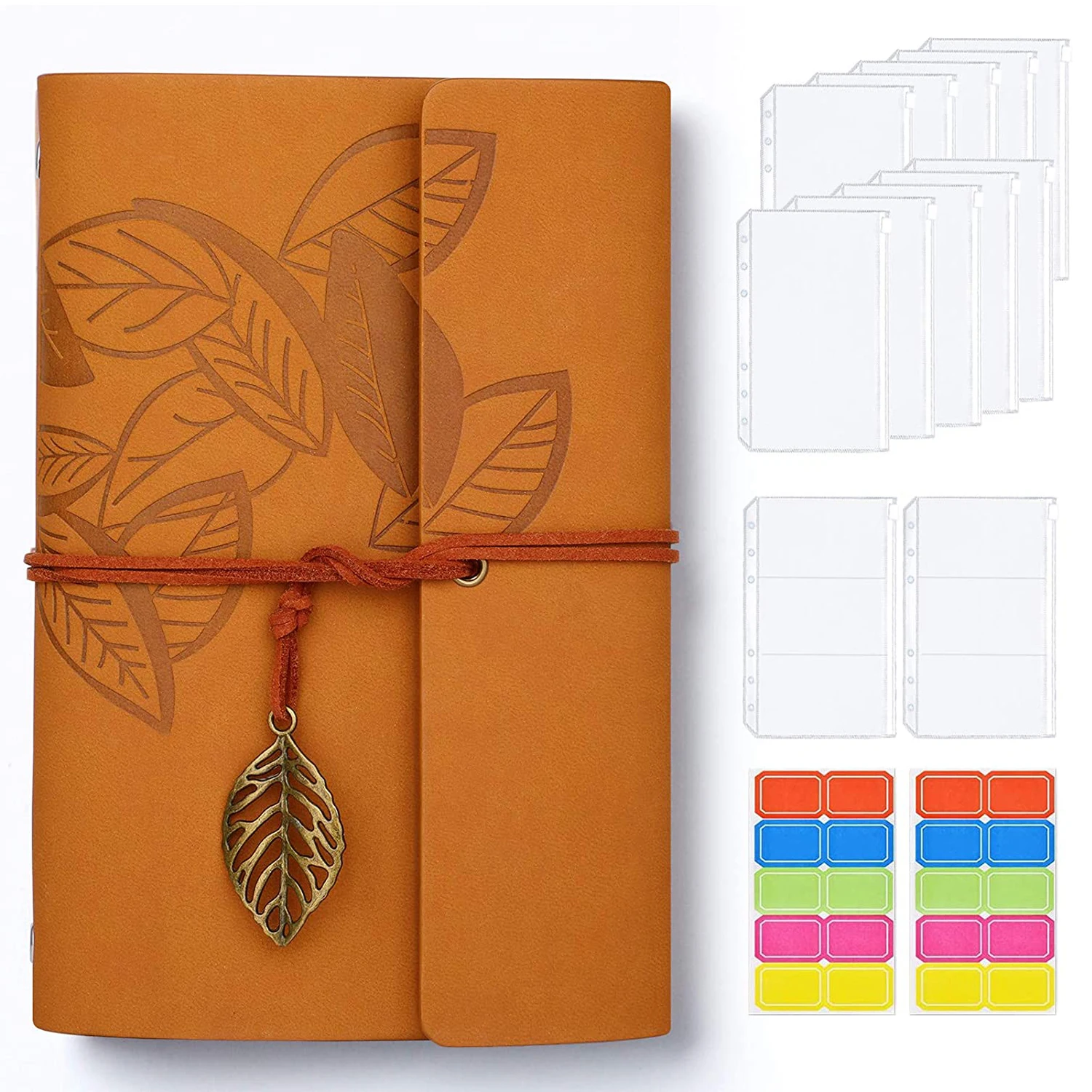 A6 PU Leather Binder Budget Cover with 10Pcs Binder Pockets/2Pcs Binder Cards/2 Label Stickers for Cash Envelopes, Card Storage