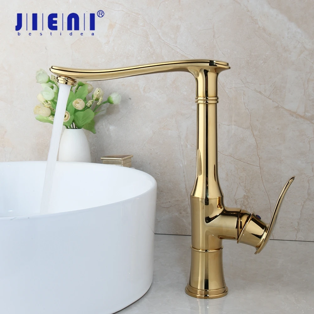 JIENI Golden Plated Kitchen Faucet Gold Brass Swivel Water Mixer Tap Sink Faucet Vegetable Washing Basin Brushed Brass