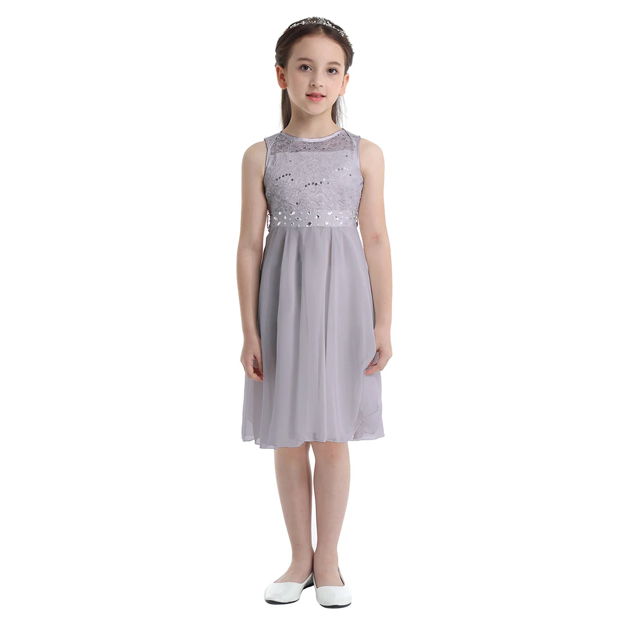 iiniim Girls Sequined Floral Lace Chiffon Dress Princess Formal Brides Wedding Birthday Party Dress First Communion Tutu Dress