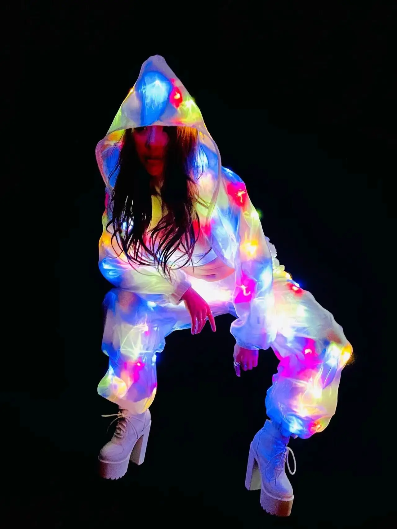 

Club LED Light up colourful Nightclub dancer outfit Colorful glowing nightcrawler costume