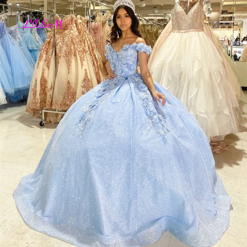 Sparkly Light Sky Blue Quinceanera Dresses 2021 Princess Ball Gown Off The Shoulder 3D Flowers Beads Prom Party Sweet 15 Dress