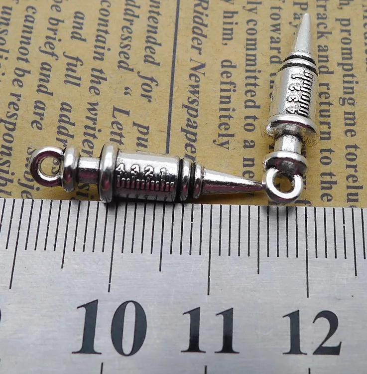 10 pieces/lot 6*25mm Work drum Injector Injection syringe Charm Pendant Bracelet Key chain accessory DIY handmade Craft