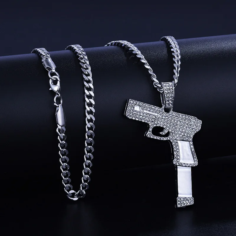 Jewelry New Fashion Retro Full Zircon Handgun Cool Rock Necklace Men's Hip Hop Party Pendant Gold Jewelry for Men Gifts