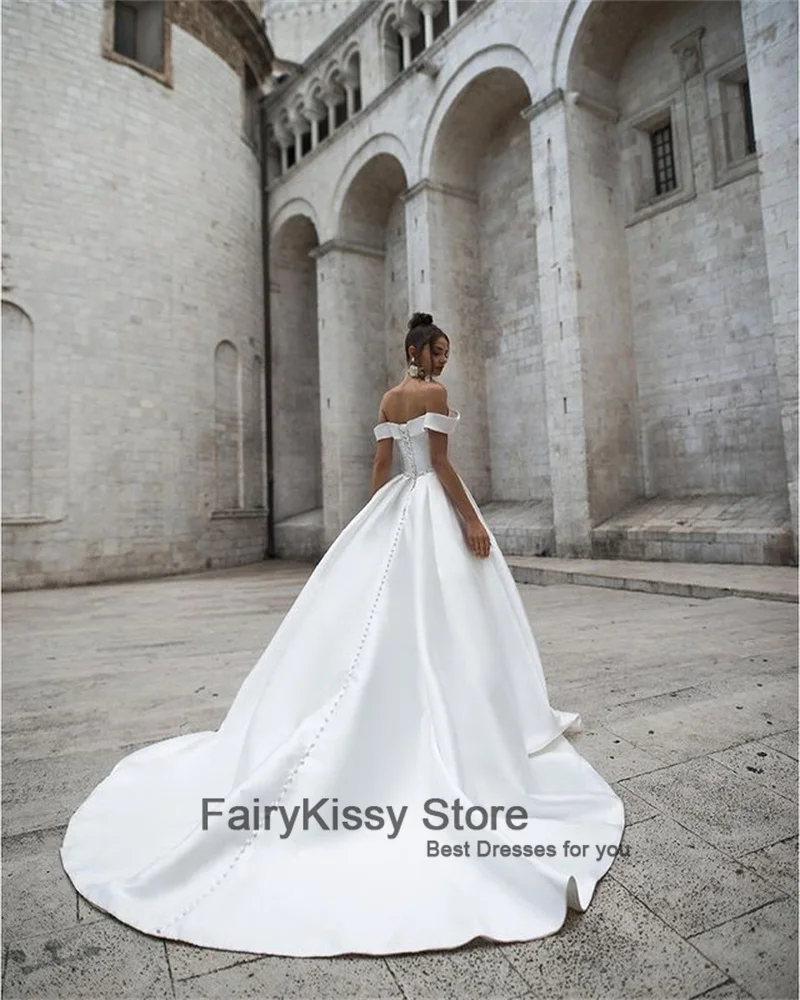 Fairykissy inchado manga tule vestidos de casamento até o chão fora do ombro a linha simples vestidos de festa de casamento para nupcial 2021