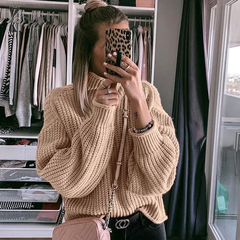 Khaki Turtleneck Women Sweater Autumn Winter Long Sleeve Jumper 2019 Knitted Loose Fashion Pullover Femme Knitted Sweater