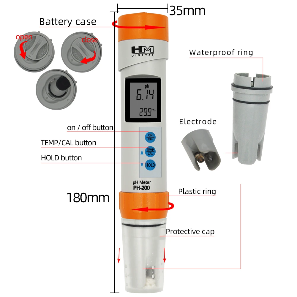 HM Digital PH-200 PH Meter COM-100 EC TDS Meter Temperature with Automatic Calibration Function pH Water Quality Pen Tester