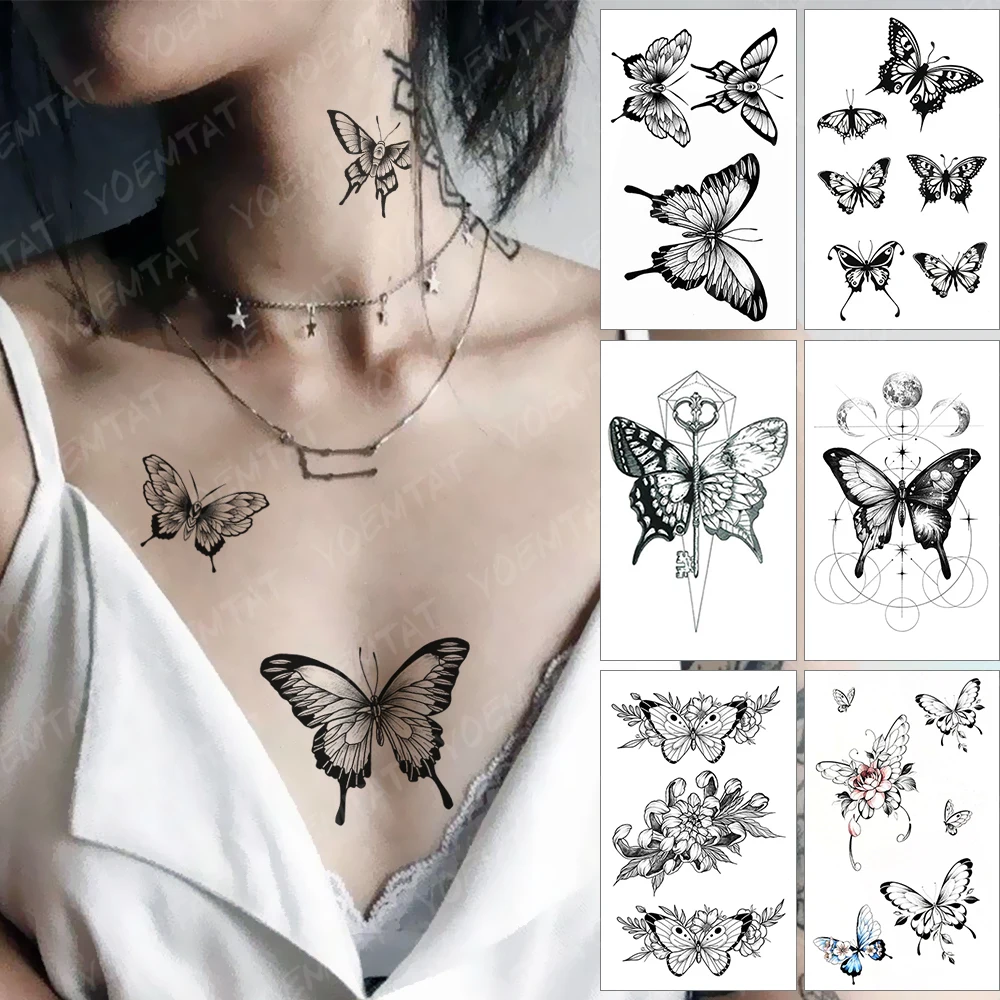 Waterproof Temporary Tattoo Stickers Black Butterfly Rose Transfer Flash Tatoo Women Sexy Neck Hand Chest  Body Art Fake Tattoos