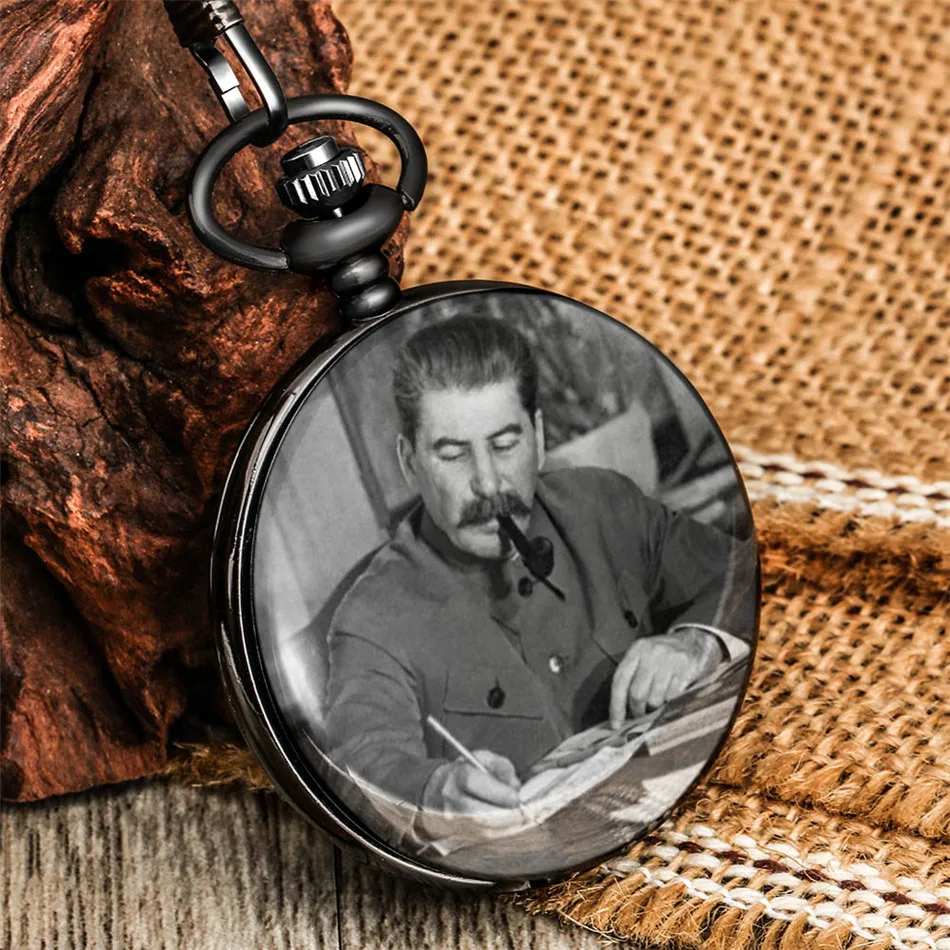 Men\'s Pocket Watch Soviet Hero Portrait of Stalin of Russia\'s Leader Quartz Watch Chain Pendant Fob Art Collectibles Hour Gifts