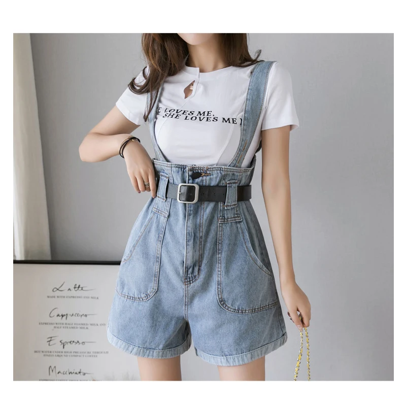 

New Summer Girl Short Denim Jumpsuit Fashion Romper Women High Waist Belt Overalls Casual Jeans Short Bib Shorts S-3XL