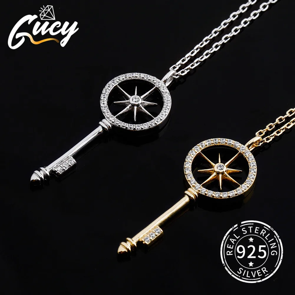 GUCY 925 Sterling Silver Five-Pointed Star Key Pendant Iced Zircon Charm Pendant Necklace Women Jewelry