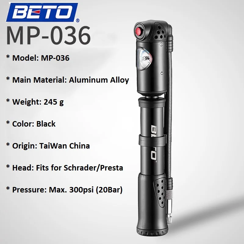 BETO MP-036 Bicycle Pump 2 in 1 Shock & Tire Mini Bike Pump with Gauge for Fork & Rear Suspension MTB Inflator Schrader & Presta