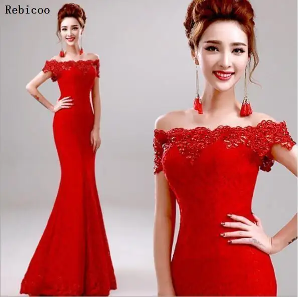 Long Elegant Lace Mermaid Red party Dress  Cheap Price Crystal long Dresses Boat Neck Party Dress Robe De Soiree