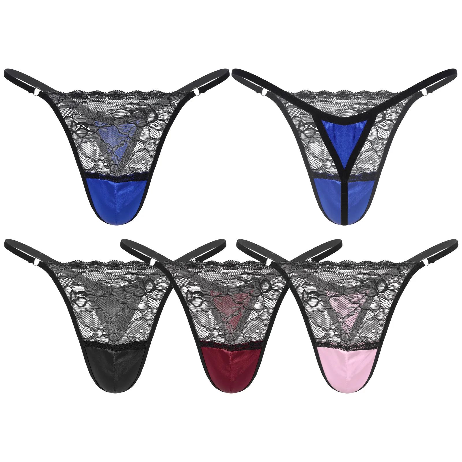 Mens Sissy Satin Underwear See Through Lace Patchwork Panties Elastic Waistband G-string T-back Thong Low-rise Jockstrap Briefs