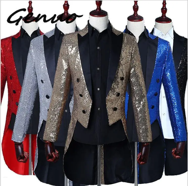 

Genuo 2020 Men Gold Silver Red Blue Black Sequin Slim Fit Tailcoat Stage Singer Prom Dresses Costume Wedding Groom Suit Jacket