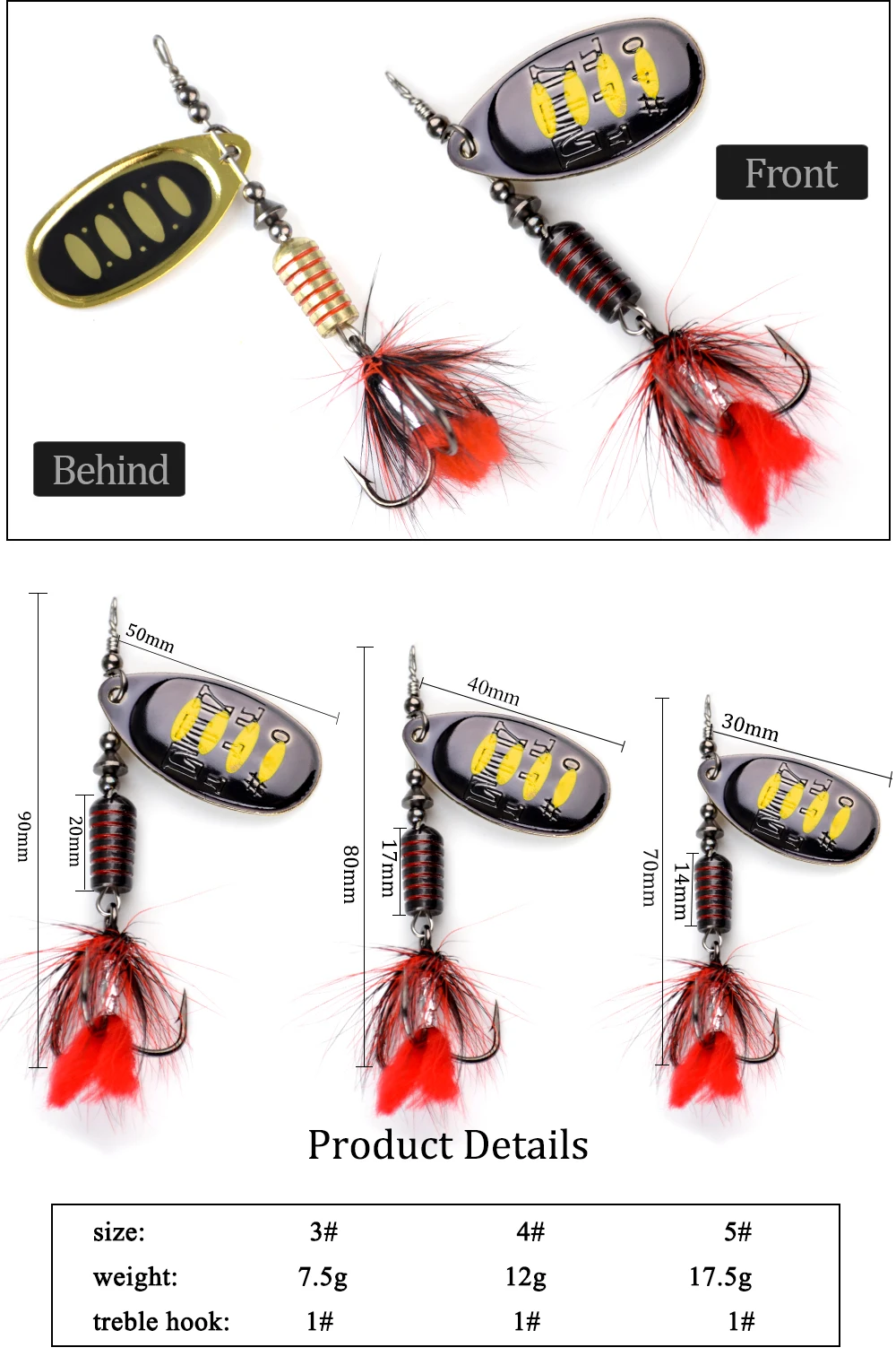 NGB 1 Stück Spinner-Bait Löffelköder Metall-Angelköder 13 Farben 7,5g 12g 17,5g Hecht-Barsch-Hartköder mit Feder-Dreifachhaken 1 # – Detail 3