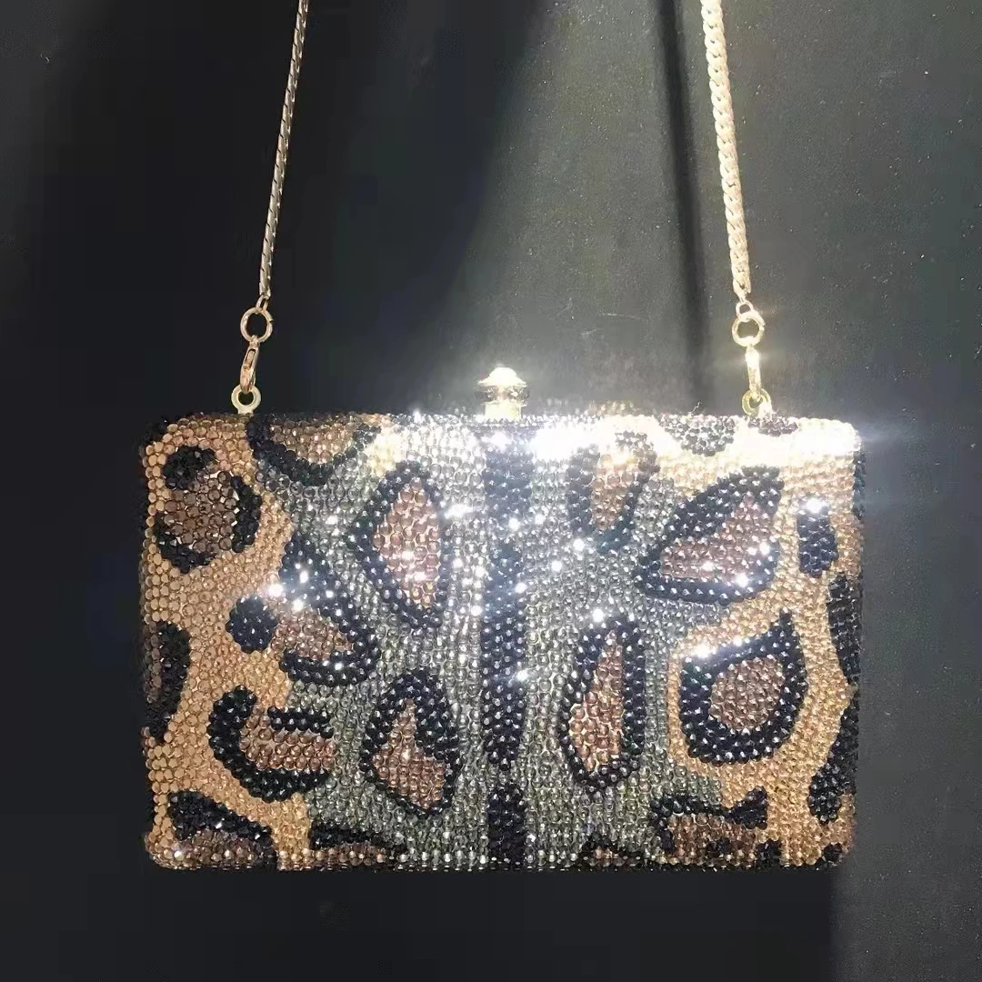 Women Leopard Stones Evening Bags Bridal Crystal Clutches Bags Wedding Gala Dinner Rhinestone Minaudiere Bag Purses and Handbags