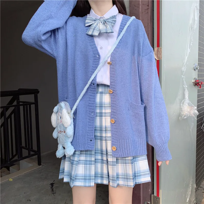 Japanese College Style JK Uniform Sweater Coat Sweet Girl V-neck Knitted Mid-Length V-neck Outerwear Cardigan Top  school girl