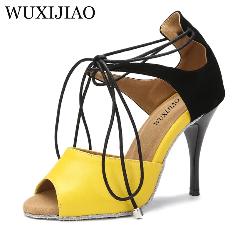 WUXIJIAO dance shoes Latin women's salsa silk satin shoes professional dance shoes ballroom black paint heel soft sole