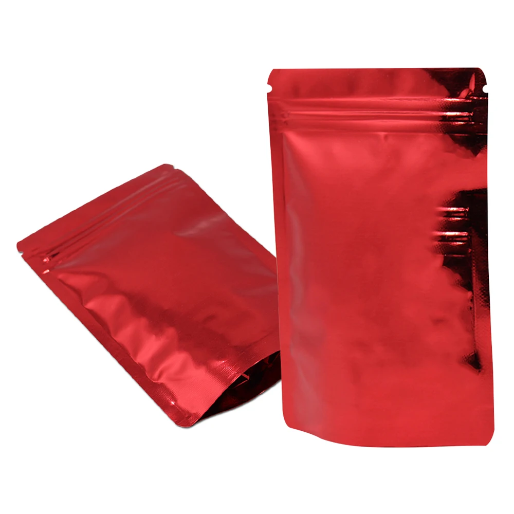 

100Pcs Glossy Red Zip Lock Stand Up Mylar Foil Bag Self Seal Reusable Tear Notch Food Storage Doypack Candy Tea Bean Pouches