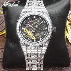 Hip Hop MISSFOX orologi meccanici automatici da uomo Full Square Diamond Silver Bling Watch Tourbillon AAA orologi Relógio Masculino