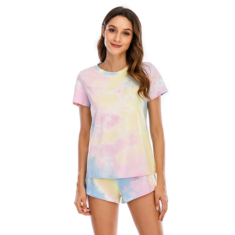 

2020 Women 2Pcs Summer Tie-dye Pajama Sets Hot Comfortable Soft Breathable Short Sleeve Pyjama Homewear Nice Sleepwear Nightgown