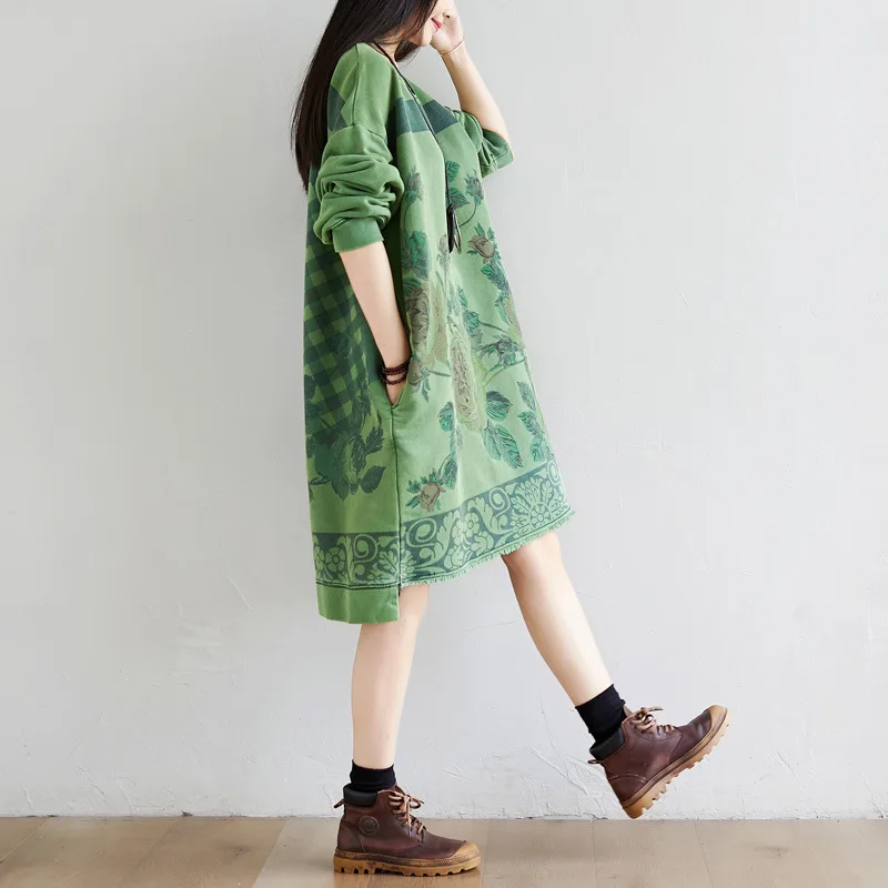 Hoodie Dress Women Oversized Loose Autumn 2020 Fashion Print Long Sweatshirts Irregular Tear Hem Pockets Vintage Pink Green Blue