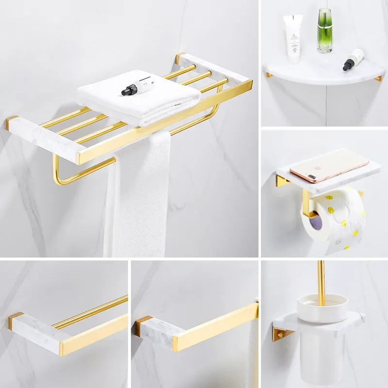 

Brass & Marble Bath Hardware Accessory,Towel Rack,Toilet Brush,Tissue Holder,Corner Shelf,Row Hooks,Bathroom Bar,White and Gold