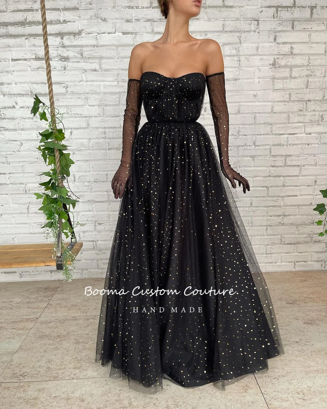 Booma elegante preto estrelado tule vestidos de baile com capa 2022 strapless a line maxi vestidos de festa longos vestidos de noite formais