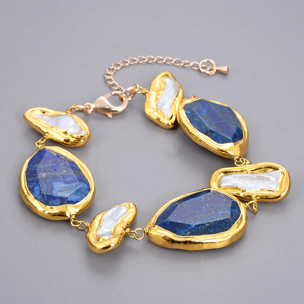 

Natural Stone Natural Blue Lapis Bezel Set White Biwa Pearl Gold Color Plated Bracelet 8''