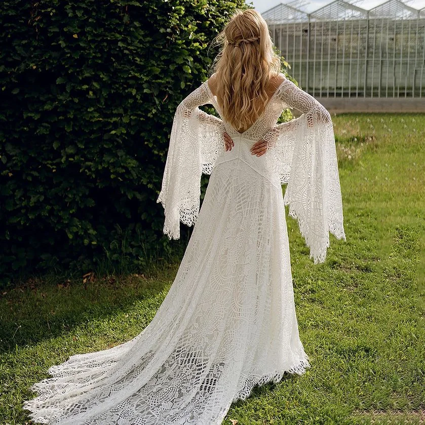 Robe de Mariée Rustique en Dentelle Style Boho, Manches sulfChauve-Souris, Romantique, Grande Taille, Personnalisée, Col en V, Dos Ouvert, Patients Sirène de Plage, Quelle que soit